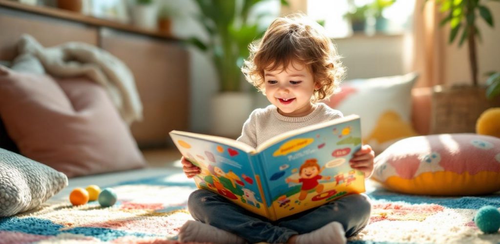 Ребенок учится читать по красочной книге в уютной комнате.