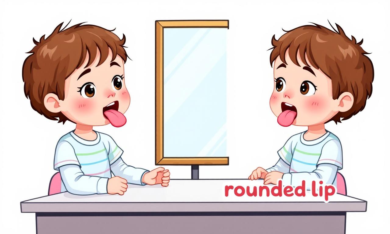 Ребенок 4—5 лет выполняет артикуляционные упражнения для языка и губ перед зеркалом