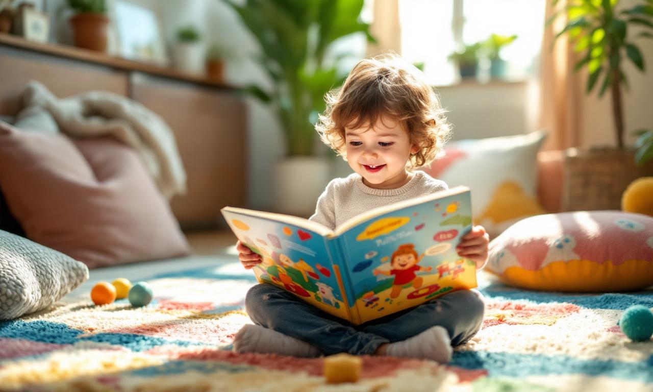 Ребенок учится читать по красочной книге в уютной комнате.