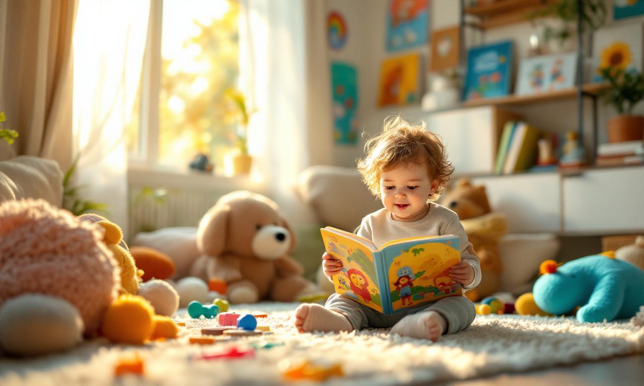 A three-year-old child reading a book at home in a cozy setting.