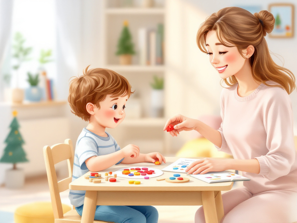 Яркая иллюстрация с ребёнком и логопедом за развивающим заданием.
